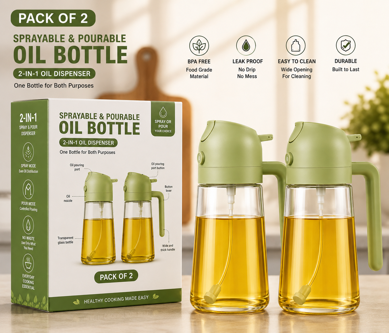 Premium 2-in-1 Glass Oil Sprayer & Dispenser Bottle β Control Your Oil Usage, Cook Healthier, Spray or Pour with One Touch