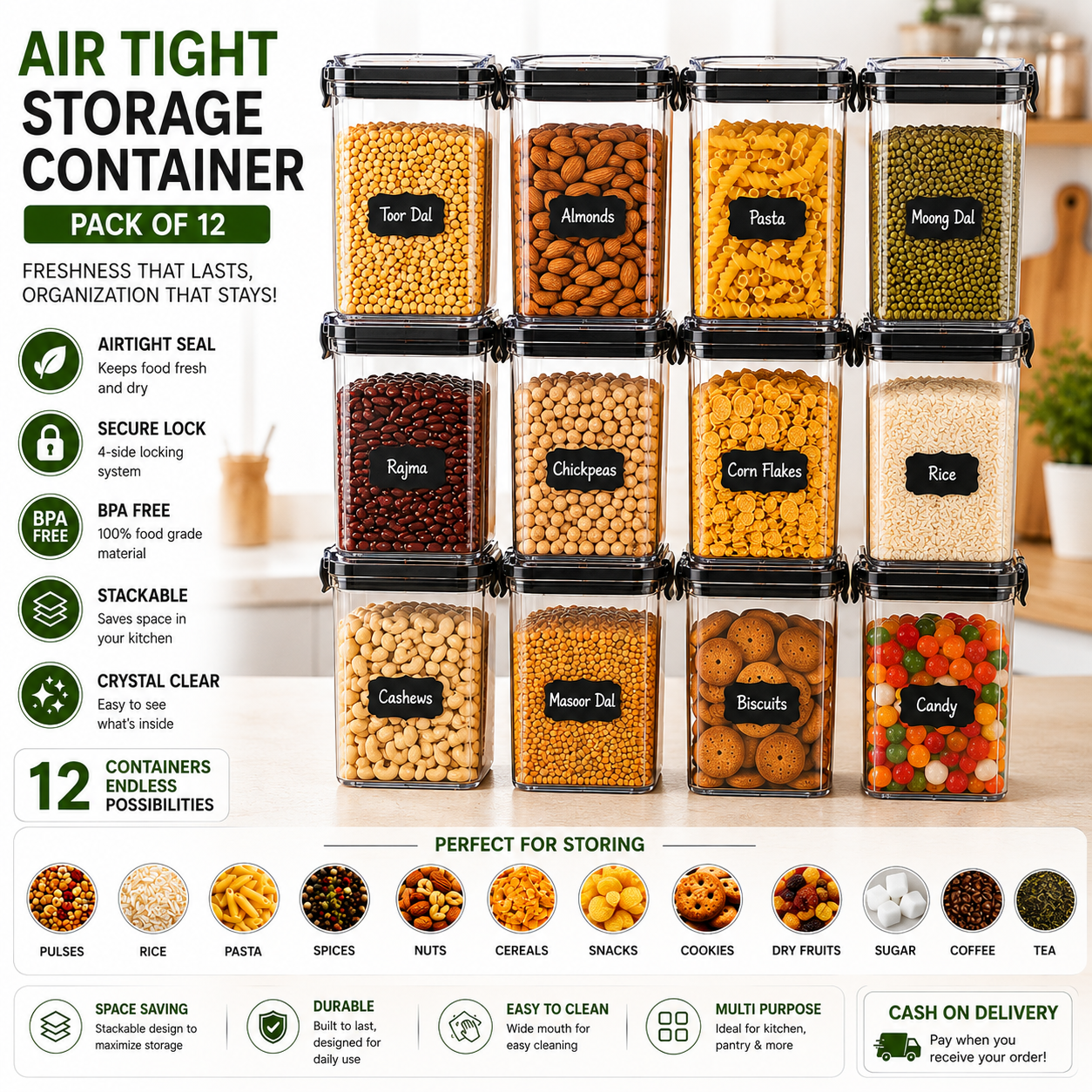 Airtight BPA Free Containers For Kitchen Storage Set, Storage Jar Food & Multipurpose Pantry Oraginzer,1100 ML