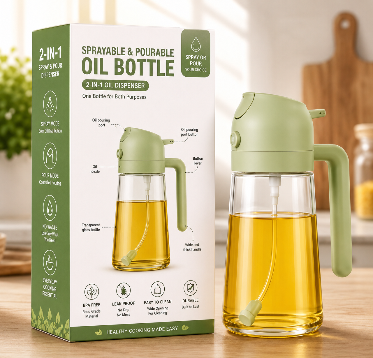 Premium 2-in-1 Glass Oil Sprayer & Dispenser Bottle – Control Your Oil Usage, Cook Healthier, Spray or Pour with One Touch